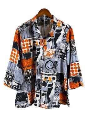 Ali Miles Crinkle Textured Geo Print Stand Collar 3/4 Sleeve Top Size Large